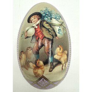 Metal East Egg Tin, Lavender Egg Victorian Illustration Boy With Eggs and Chicks